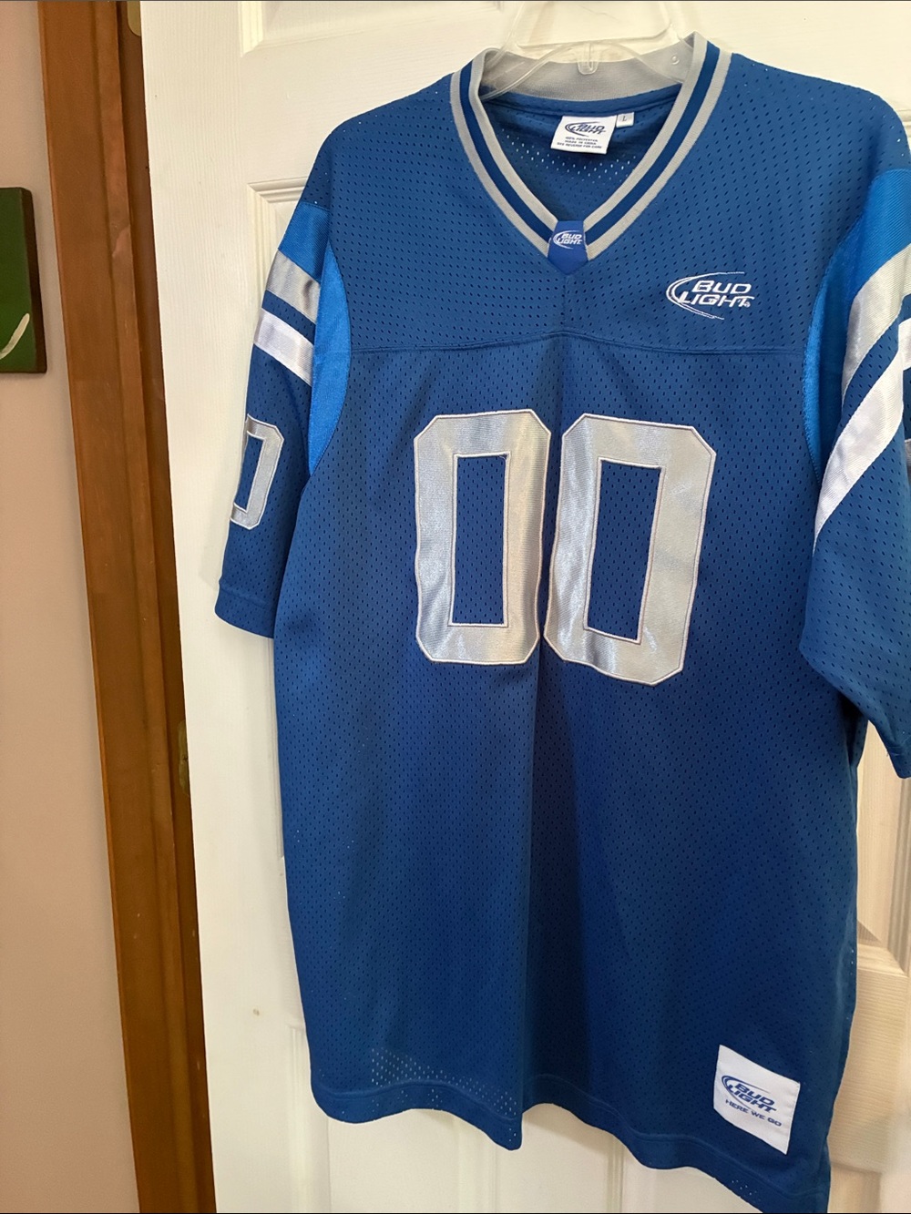 Bud Light Men's Blue Mesh Football Jersey with Silver Accents